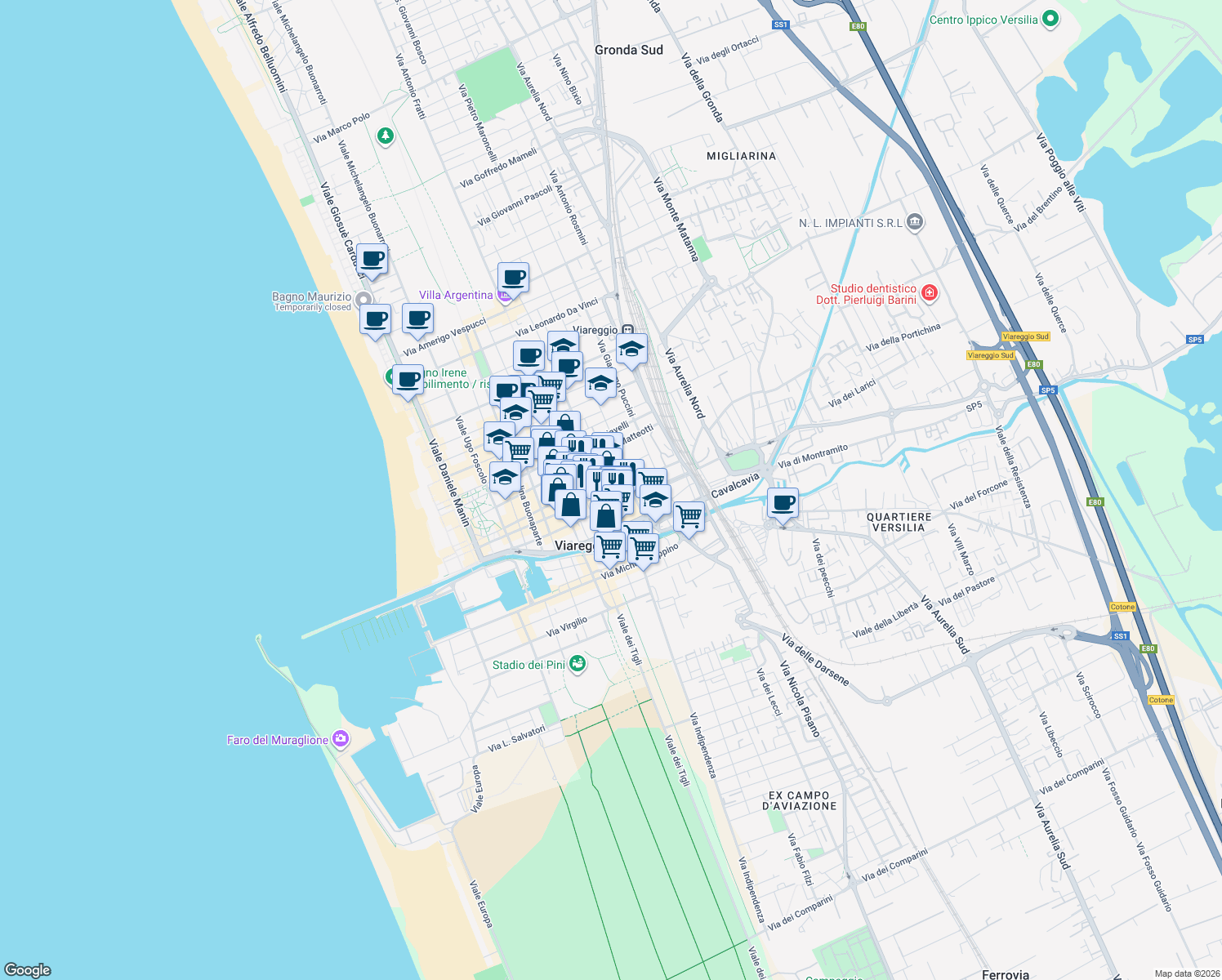 map of restaurants, bars, coffee shops, grocery stores, and more near 131 Corso Giuseppe Garibaldi in Viareggio