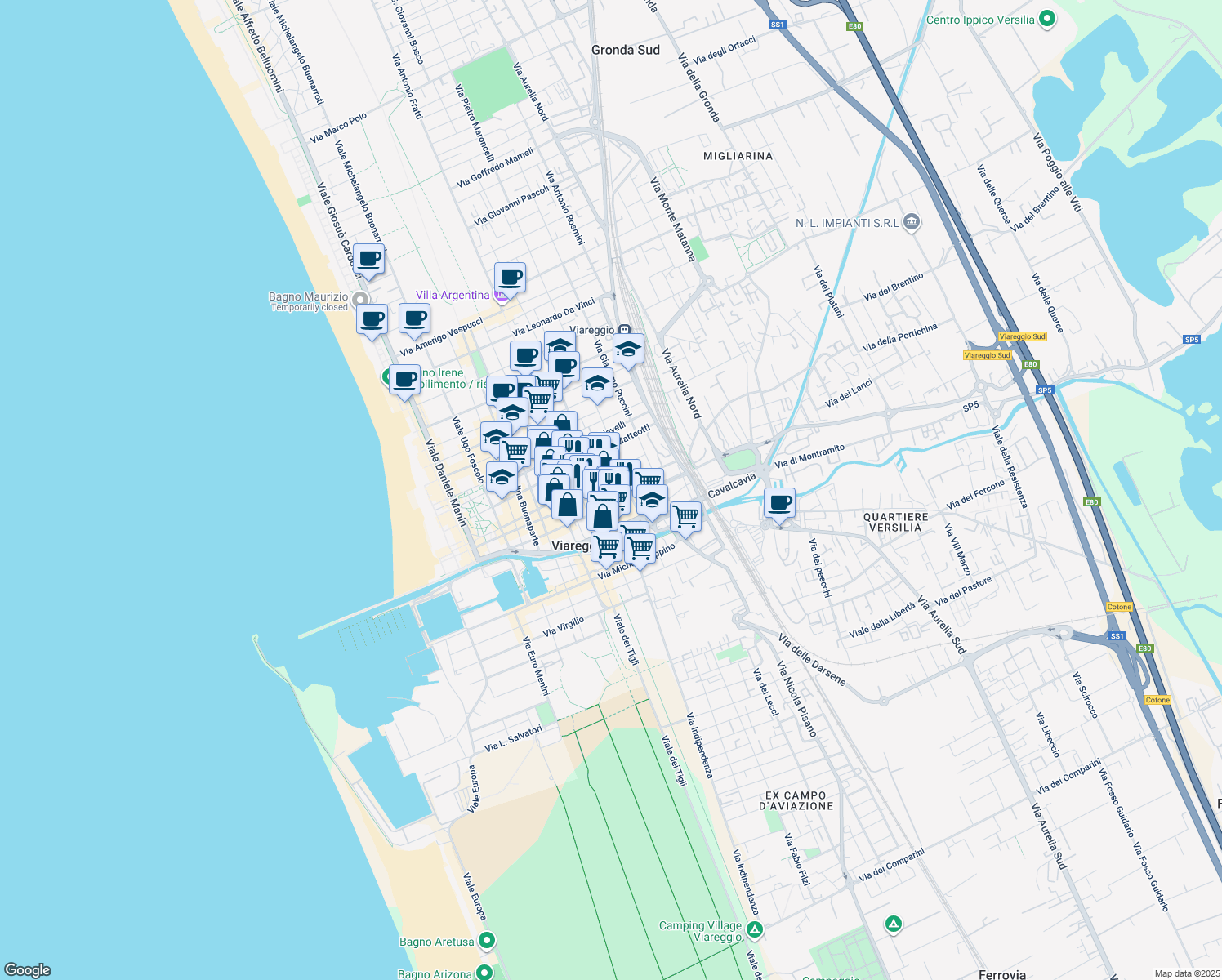 map of restaurants, bars, coffee shops, grocery stores, and more near 131 Corso Giuseppe Garibaldi in Viareggio