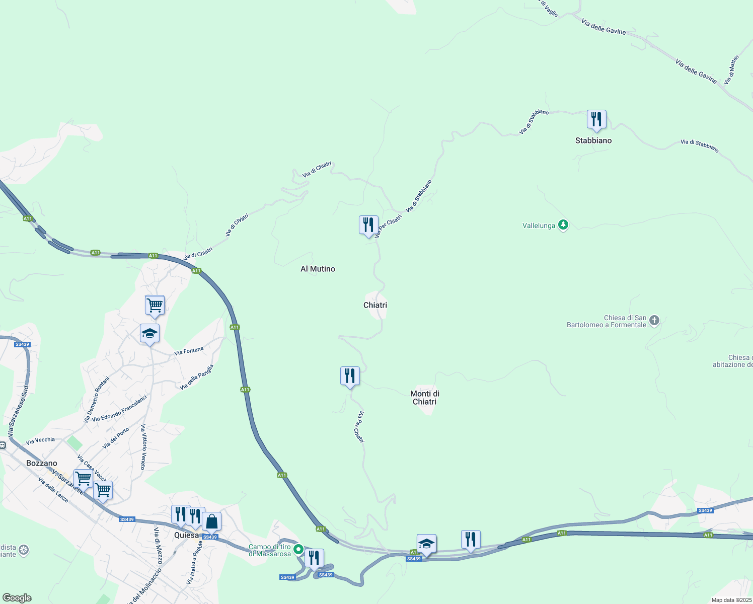 map of restaurants, bars, coffee shops, grocery stores, and more near 258 Via Per Chiatri in Chiatri