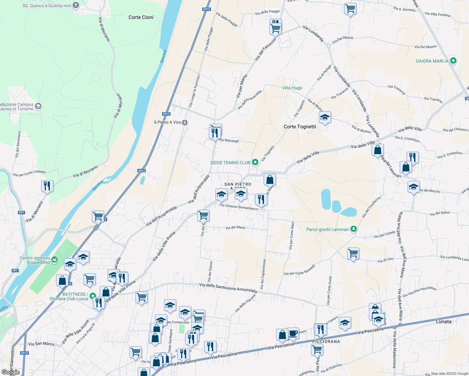 map of restaurants, bars, coffee shops, grocery stores, and more near Via delle Ville Prima in Lucca