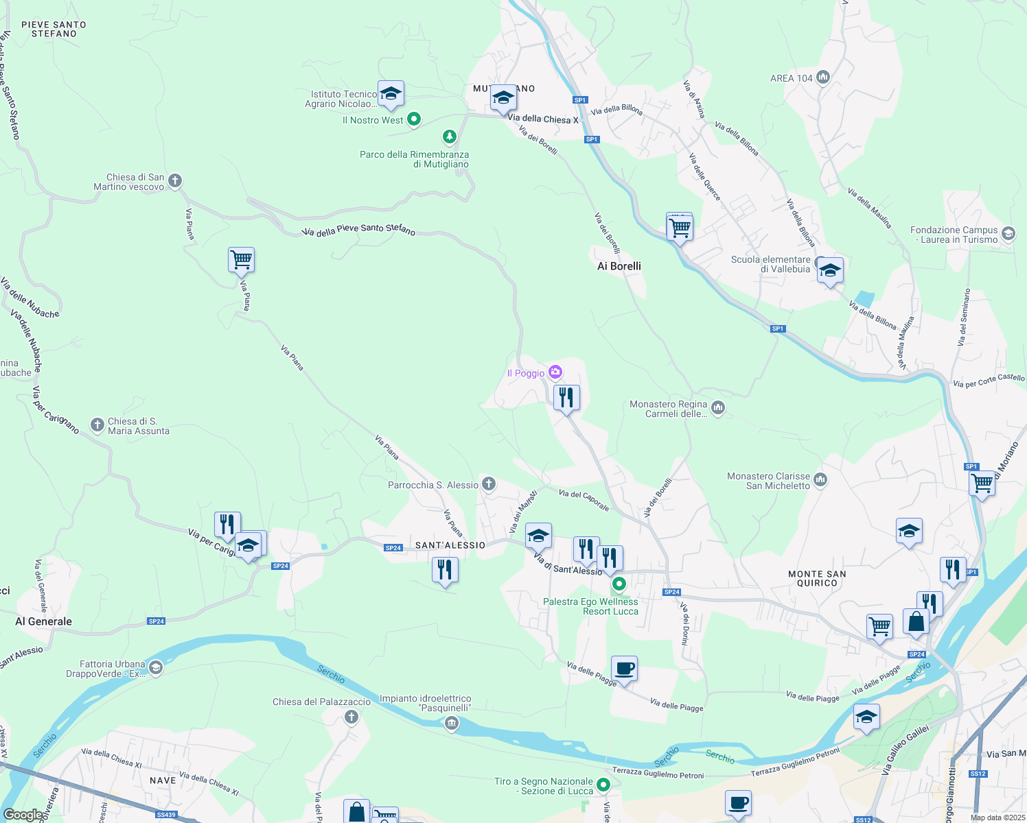 map of restaurants, bars, coffee shops, grocery stores, and more near 57 Traversa Vii Pieve San Stefano in Lucca