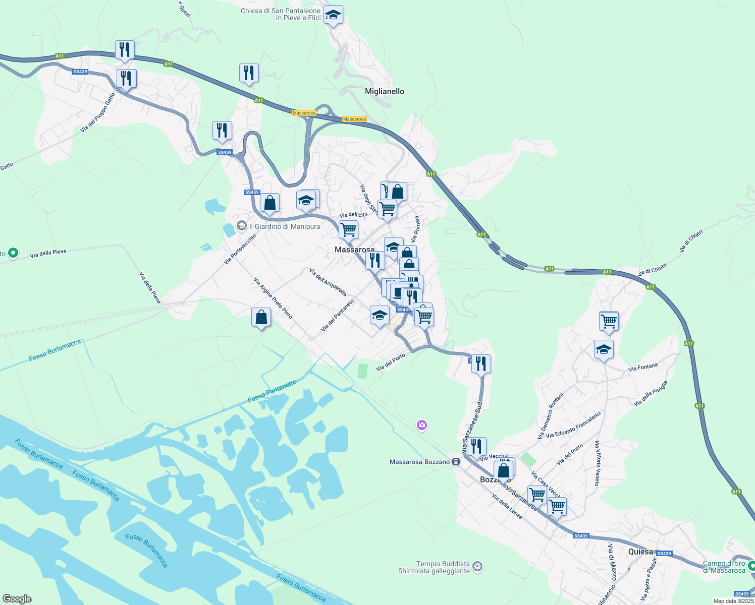 map of restaurants, bars, coffee shops, grocery stores, and more near 125 Via del Frantoio in Massarosa