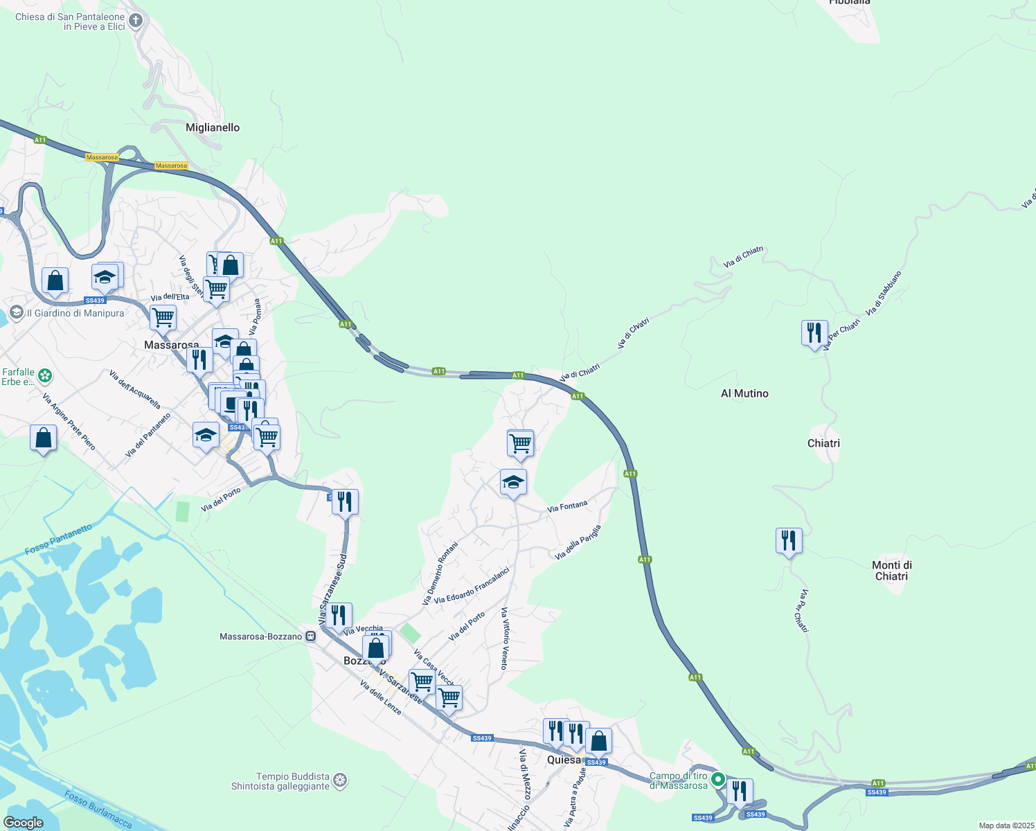 map of restaurants, bars, coffee shops, grocery stores, and more near 21 Via Santa Croce in Bozzano
