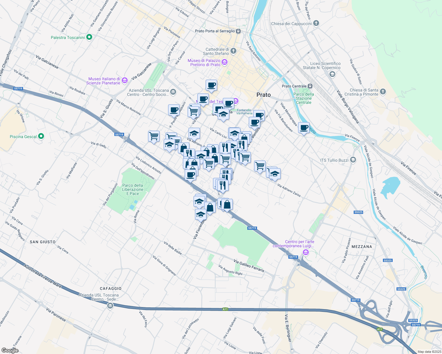 map of restaurants, bars, coffee shops, grocery stores, and more near 40 Via Orvieto in Prato