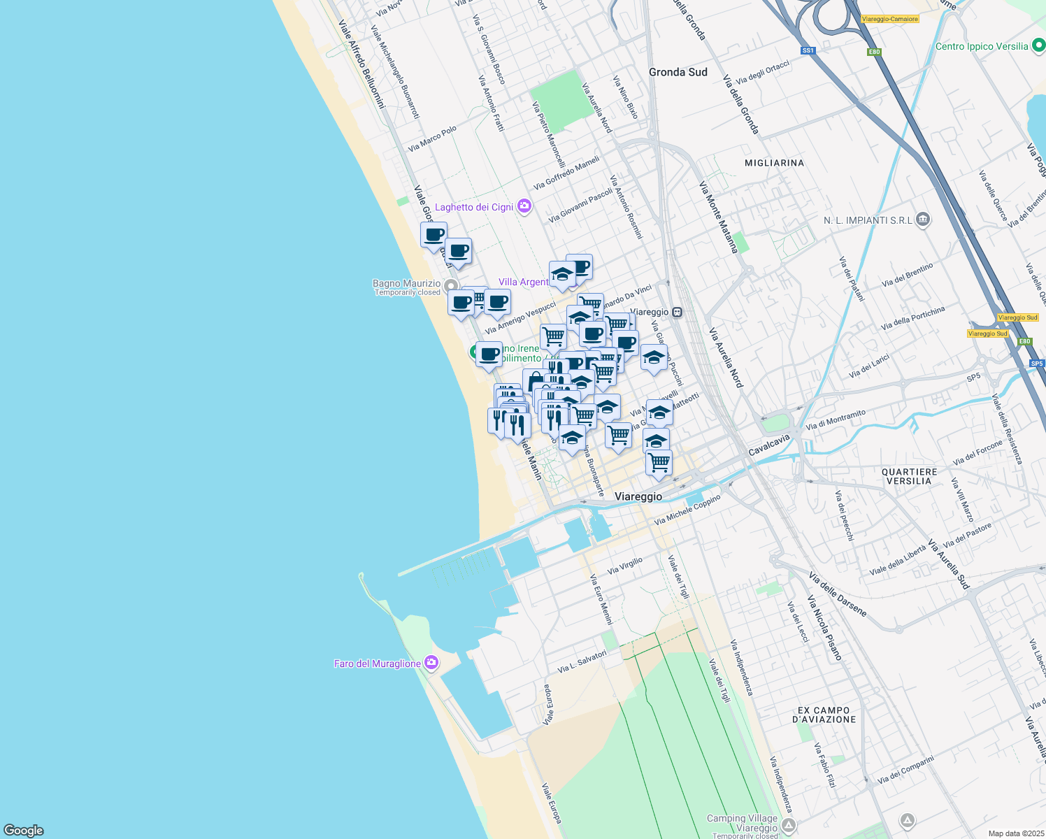 map of restaurants, bars, coffee shops, grocery stores, and more near 17 Via Giuseppe Verdi in Viareggio