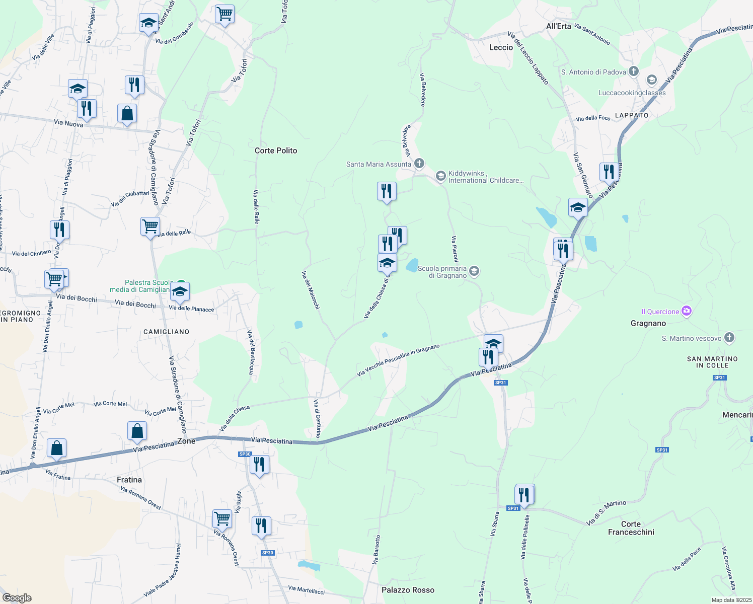 map of restaurants, bars, coffee shops, grocery stores, and more near 57 Via della Chiesa di Gragnano in Provincia di Lucca