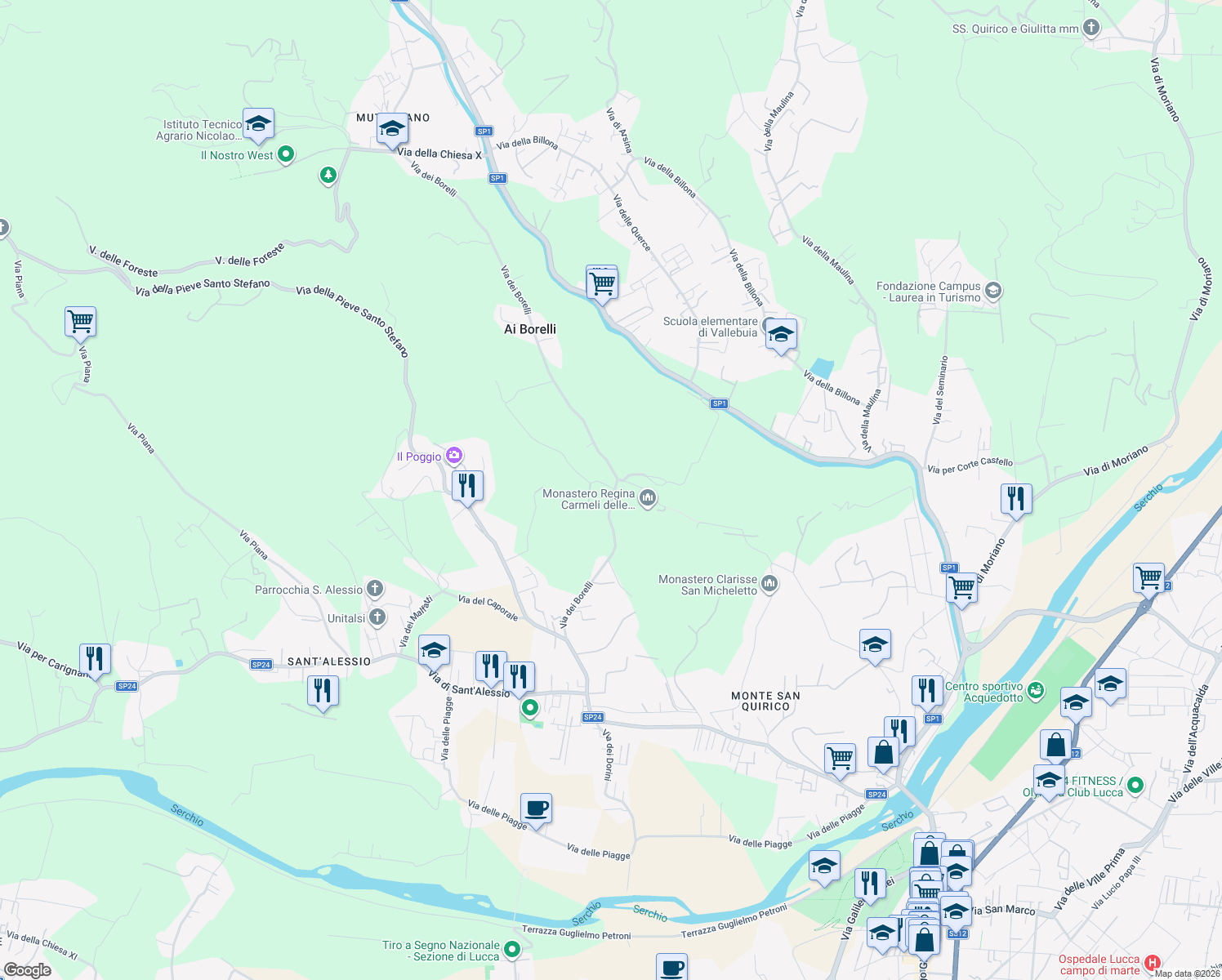map of restaurants, bars, coffee shops, grocery stores, and more near 711 Via dei Borelli in Lucca