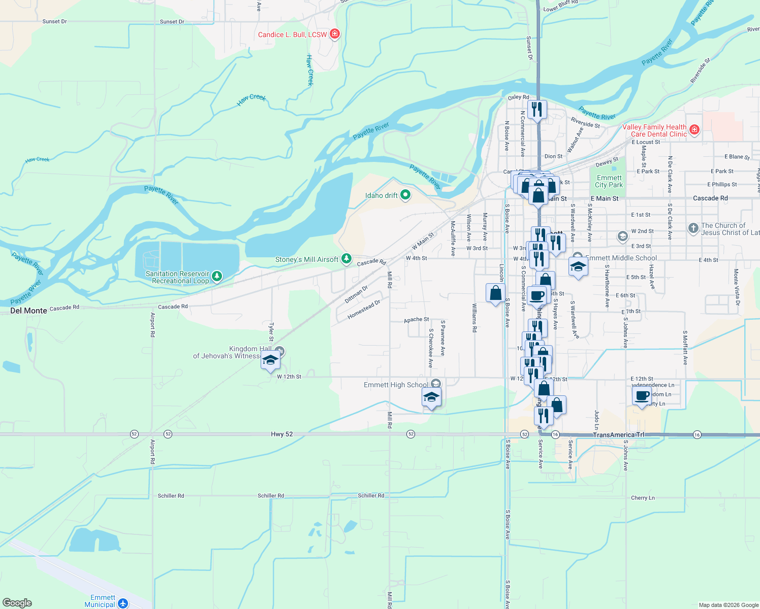 map of restaurants, bars, coffee shops, grocery stores, and more near 1005 Homestead Drive in Emmett