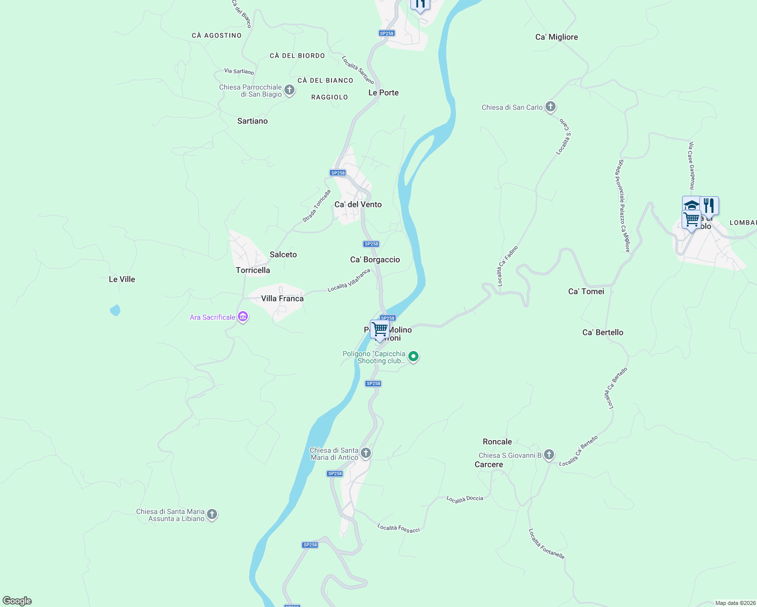 map of restaurants, bars, coffee shops, grocery stores, and more near 132 Via Ponte Baffoni in Provincia di Rimini