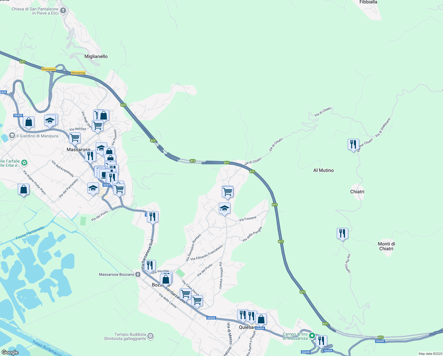 map of restaurants, bars, coffee shops, grocery stores, and more near 21 Via Santa Croce in Bozzano