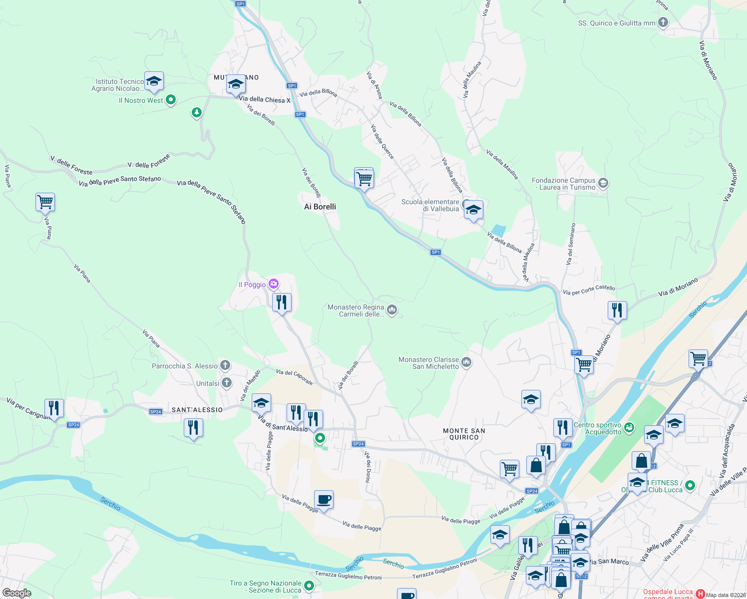 map of restaurants, bars, coffee shops, grocery stores, and more near 711 Via dei Borelli in Lucca
