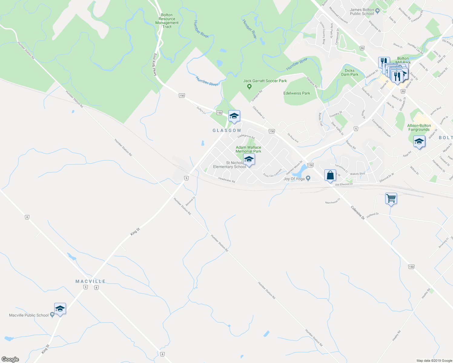 map of restaurants, bars, coffee shops, grocery stores, and more near 63 Headwater Road in Caledon