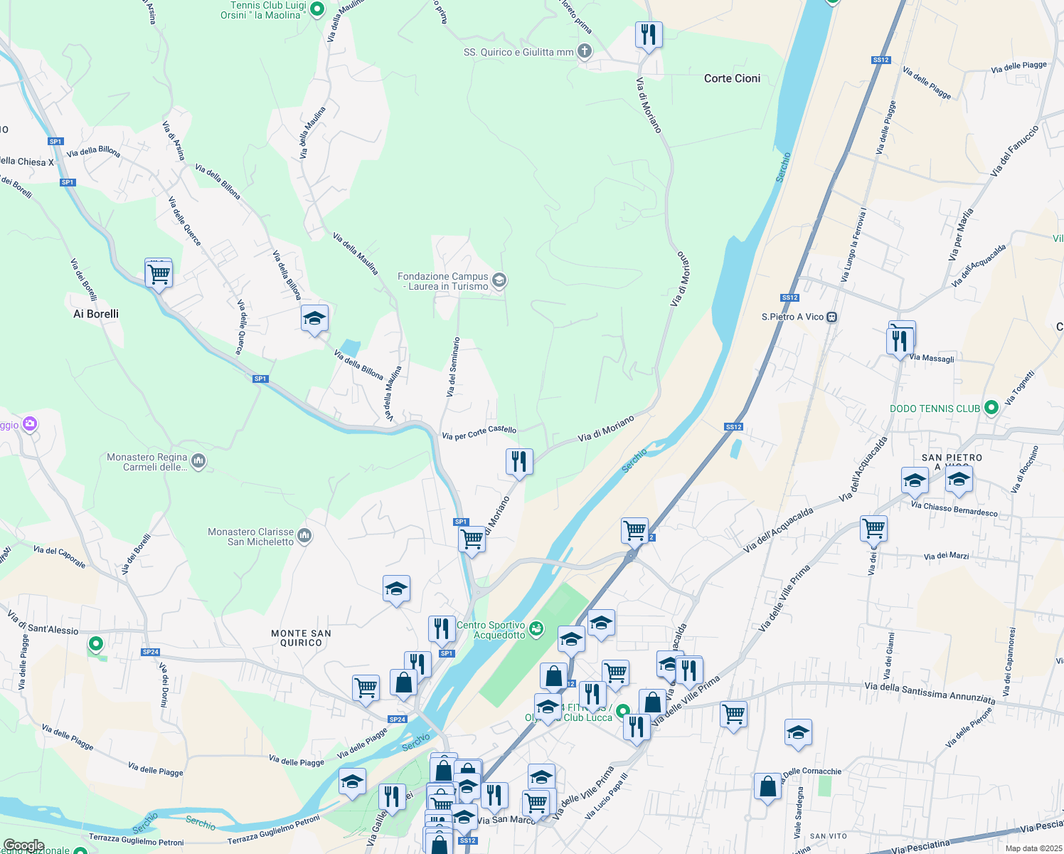 map of restaurants, bars, coffee shops, grocery stores, and more near 147 Via di Villa Barsanti in Lucca