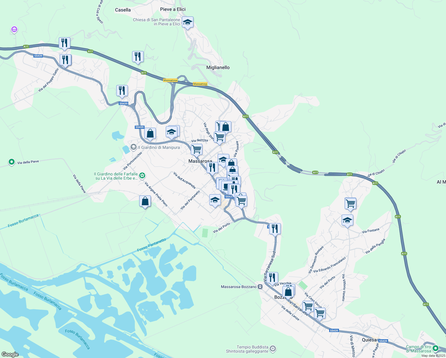 map of restaurants, bars, coffee shops, grocery stores, and more near 61C Via Papa Giovanni XXIII in Massarosa