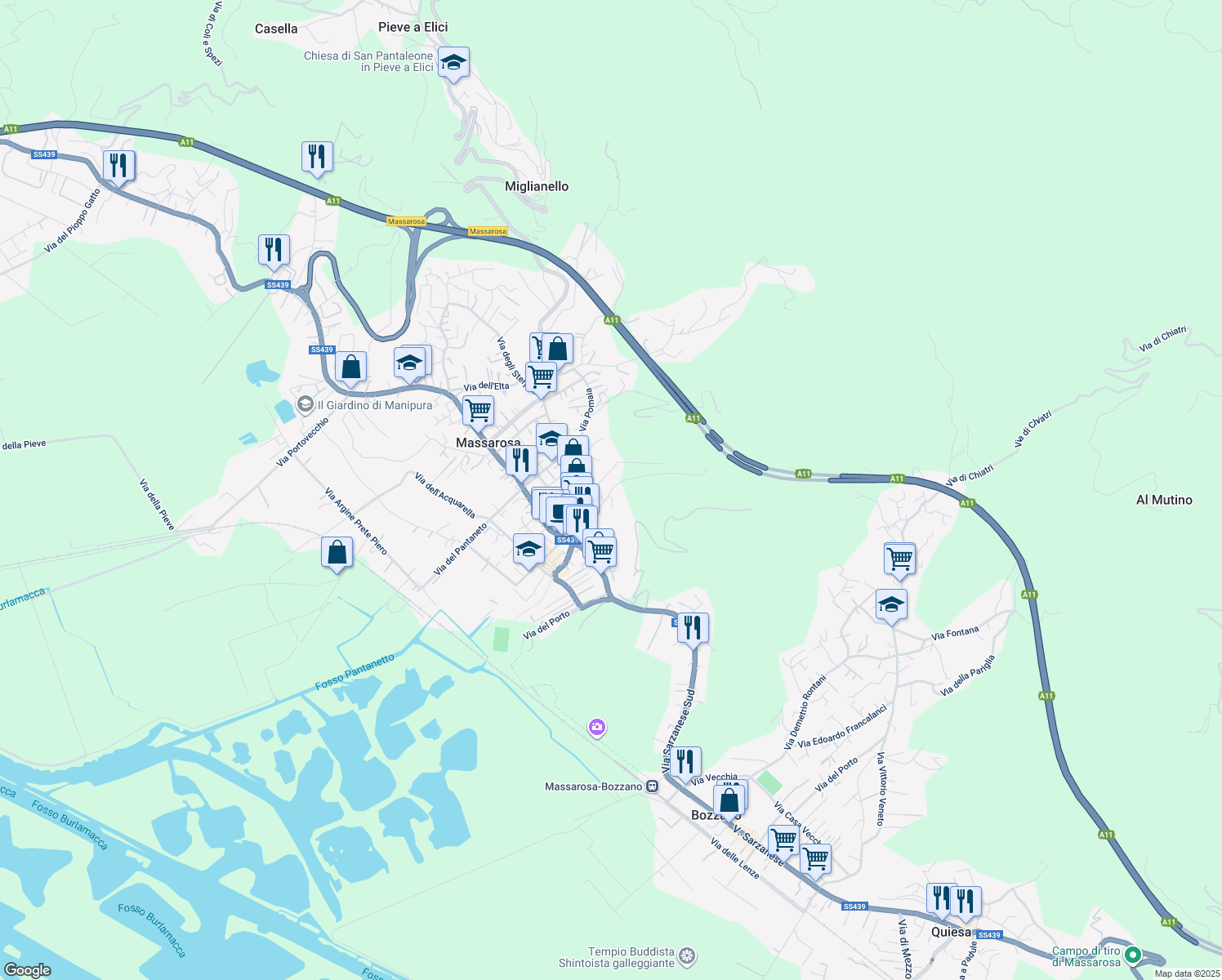 map of restaurants, bars, coffee shops, grocery stores, and more near 71 Via della Pieruccia in Massarosa