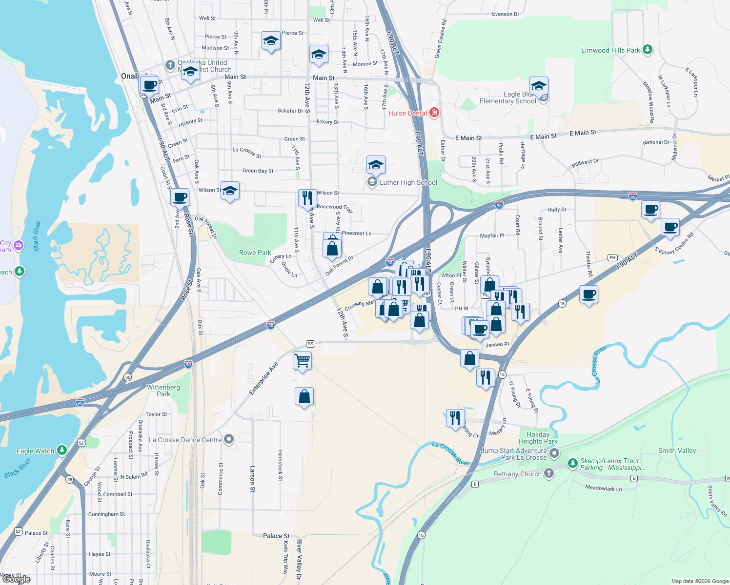 map of restaurants, bars, coffee shops, grocery stores, and more near 1211 Crossing Meadows Drive in Onalaska
