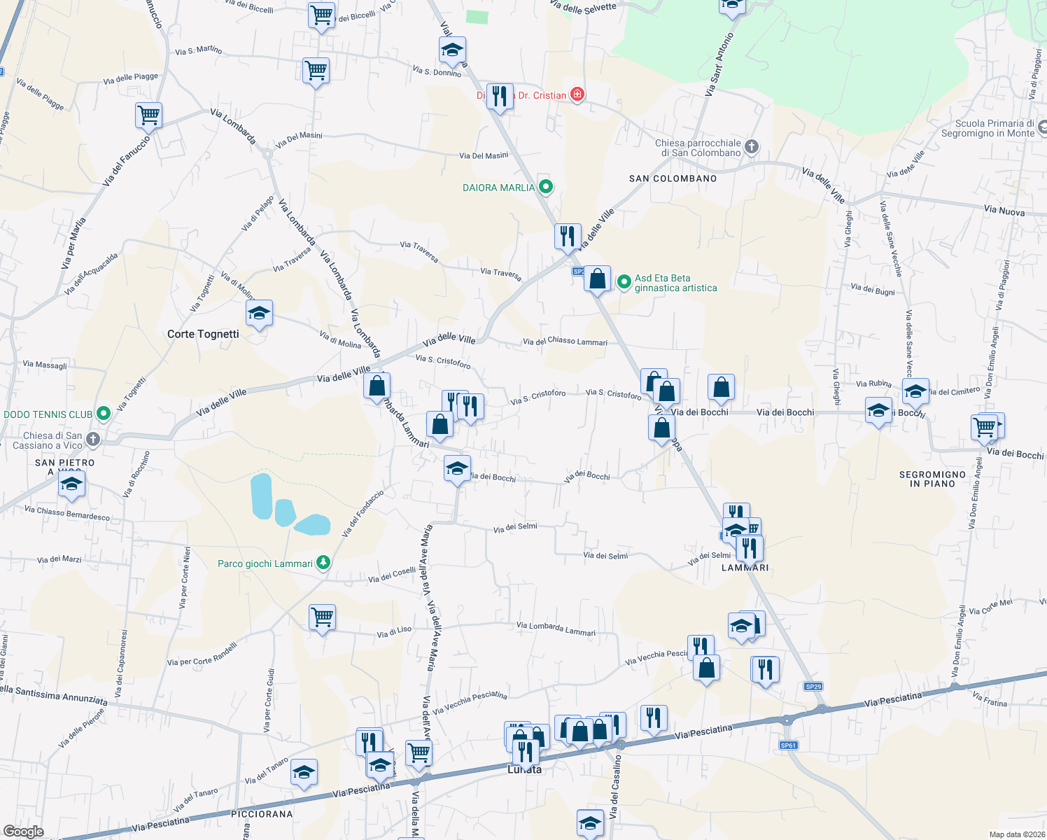 map of restaurants, bars, coffee shops, grocery stores, and more near 28 Via dei Leri in Capannori
