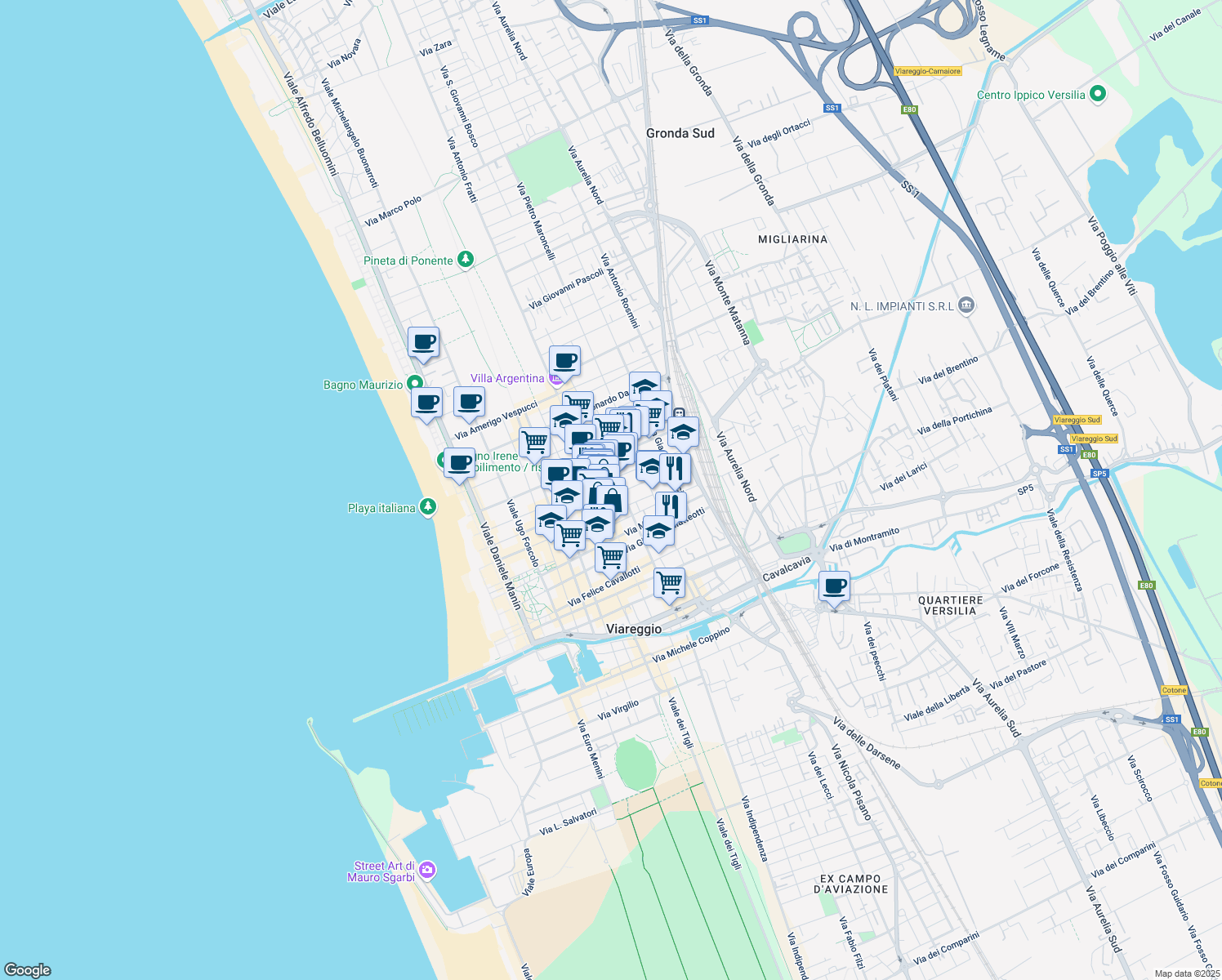 map of restaurants, bars, coffee shops, grocery stores, and more near 163 Via Vittorio Veneto in Viareggio