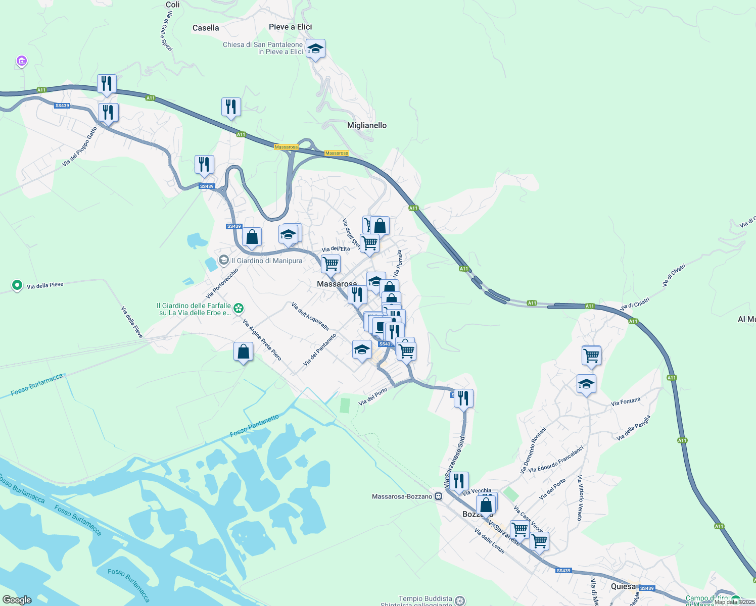 map of restaurants, bars, coffee shops, grocery stores, and more near 61C Via Papa Giovanni XXIII in Massarosa