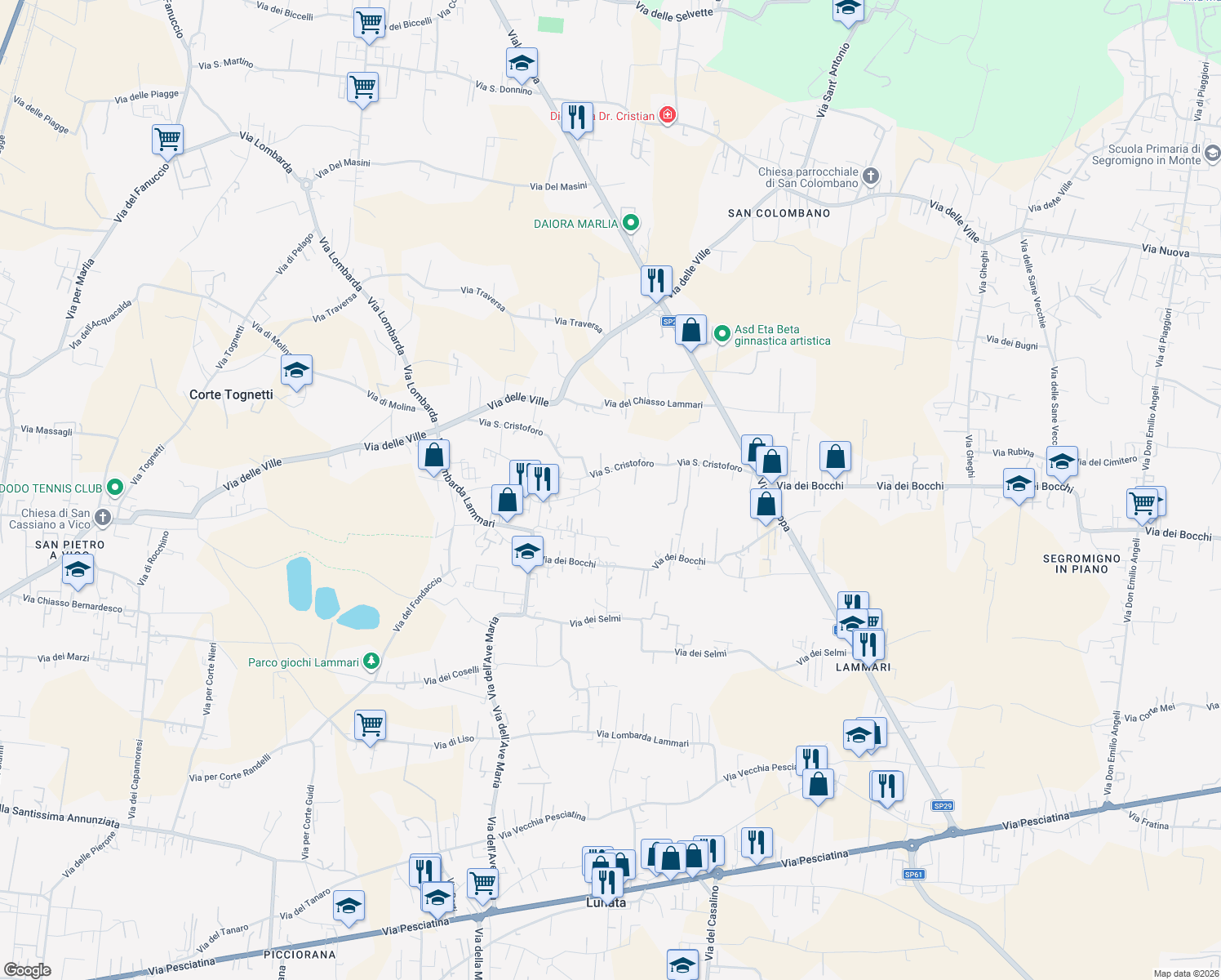 map of restaurants, bars, coffee shops, grocery stores, and more near 28 Via dei Leri in Capannori