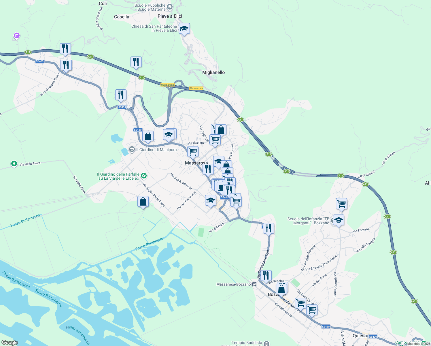 map of restaurants, bars, coffee shops, grocery stores, and more near 61C Via Papa Giovanni XXIII in Massarosa