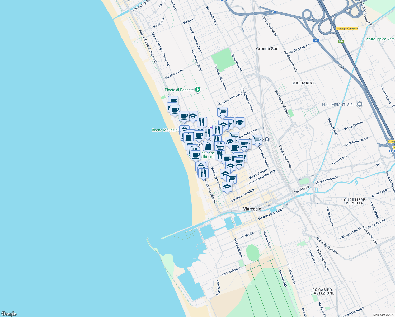 map of restaurants, bars, coffee shops, grocery stores, and more near Pista Ciclabile Fausto Coppi in Viareggio