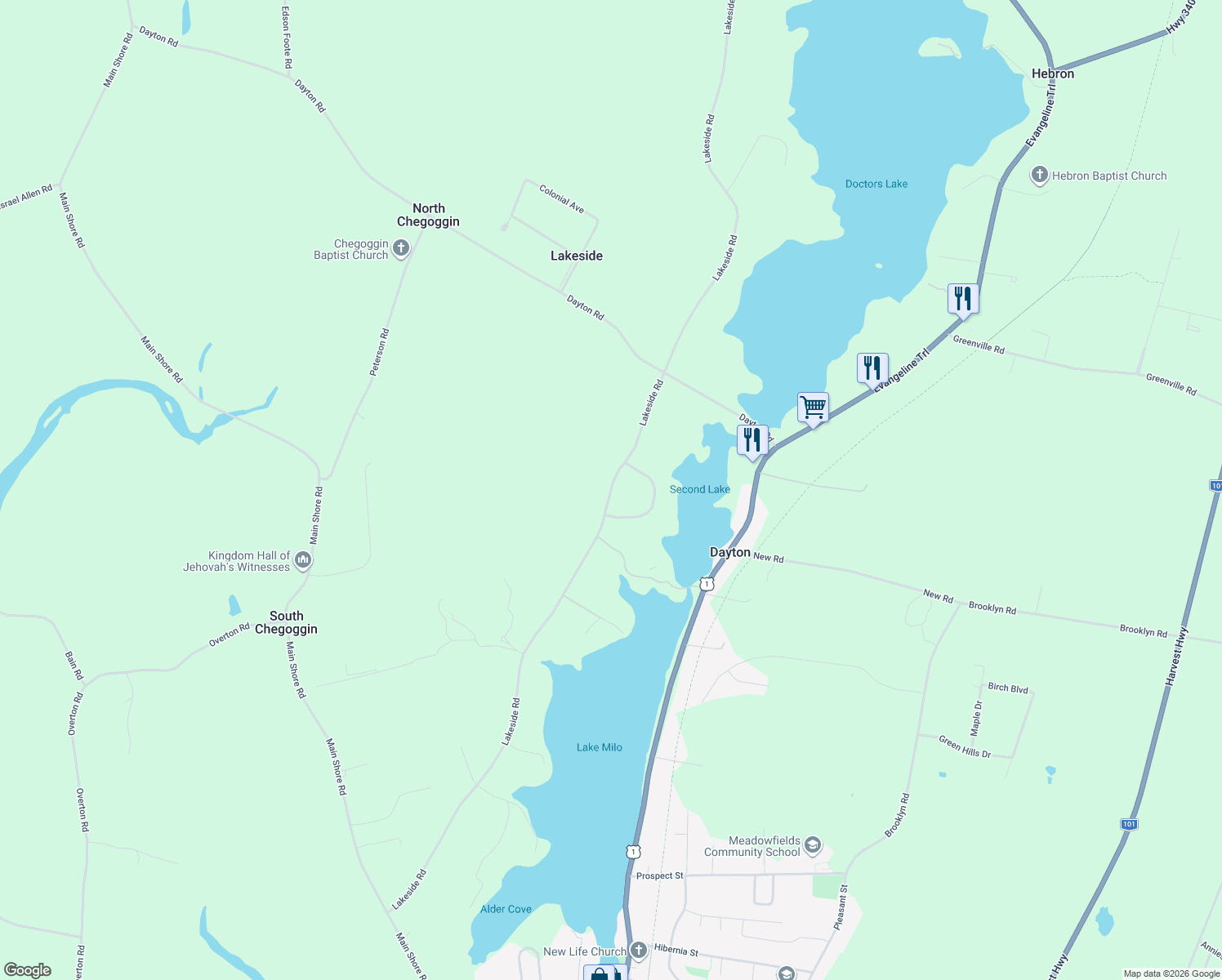 map of restaurants, bars, coffee shops, grocery stores, and more near 669 Lakeside Road in Yarmouth