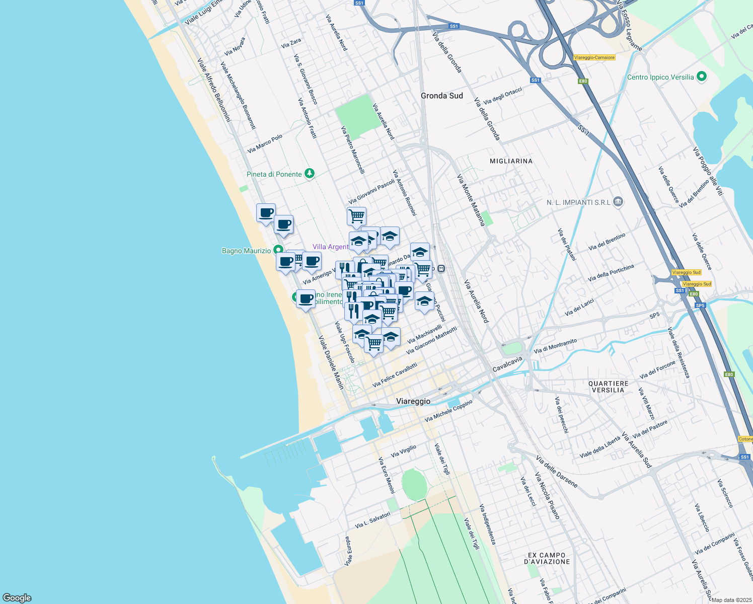 map of restaurants, bars, coffee shops, grocery stores, and more near 188 Via Cesare Battisti in Viareggio