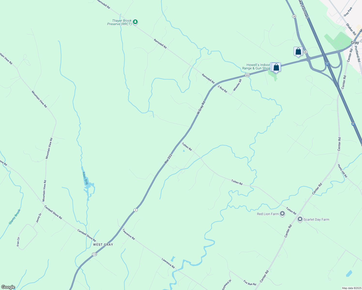 map of restaurants, bars, coffee shops, grocery stores, and more near 123 Totten Road in Gray