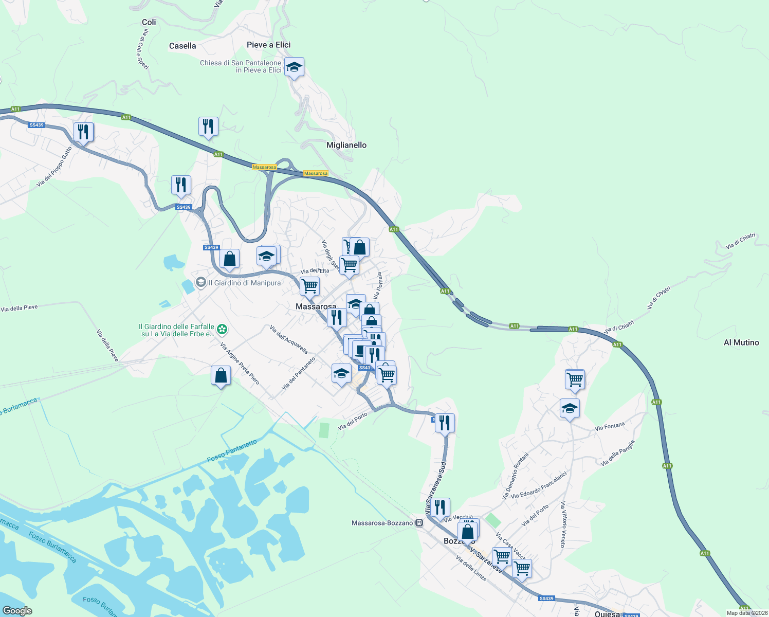 map of restaurants, bars, coffee shops, grocery stores, and more near 136 Via Casa Checchi in Massarosa