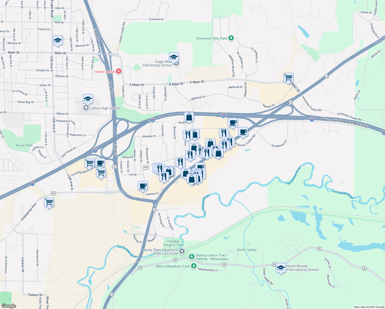 map of restaurants, bars, coffee shops, grocery stores, and more near 1101 Main Street in Onalaska