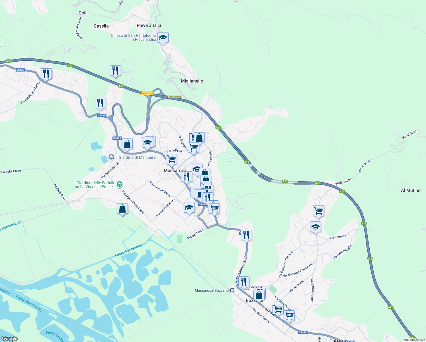 map of restaurants, bars, coffee shops, grocery stores, and more near 136 Via Casa Checchi in Massarosa
