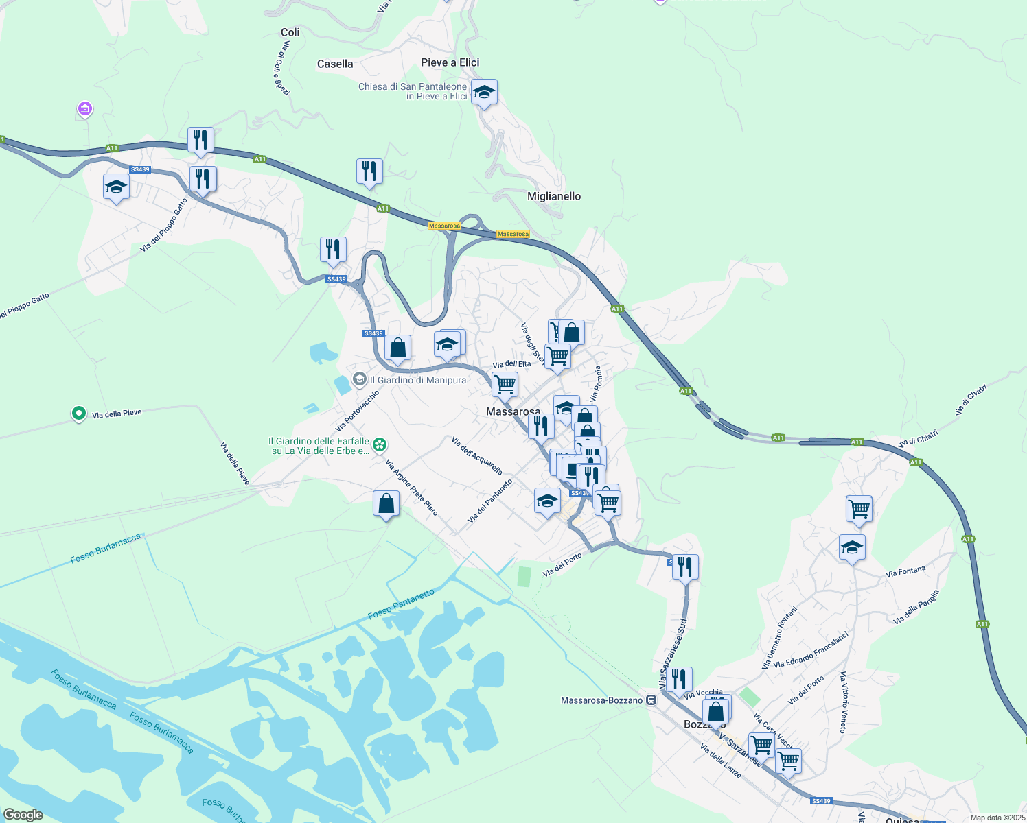 map of restaurants, bars, coffee shops, grocery stores, and more near in Massarosa