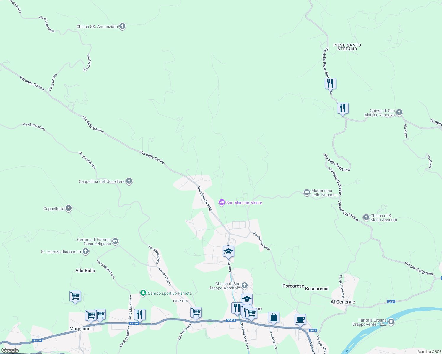 map of restaurants, bars, coffee shops, grocery stores, and more near 642 Via di Villa Pardini in Lucca
