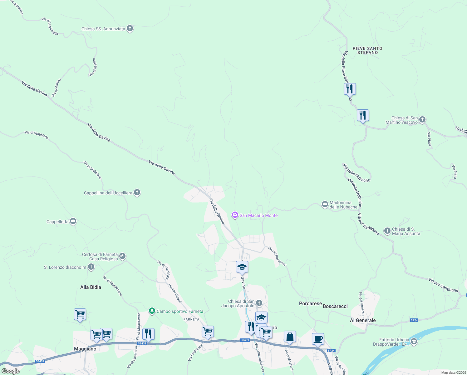 map of restaurants, bars, coffee shops, grocery stores, and more near 642 Via di Villa Pardini in Lucca