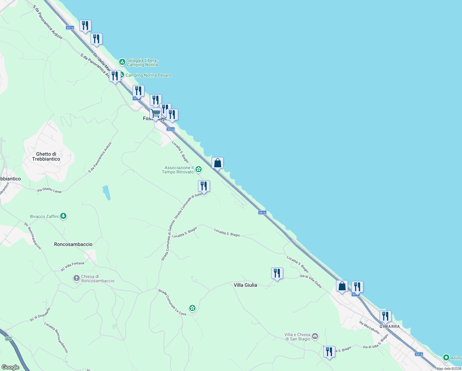 map of restaurants, bars, coffee shops, grocery stores, and more near 67 Località San Biagio in Provincia di Pesaro e Urbino
