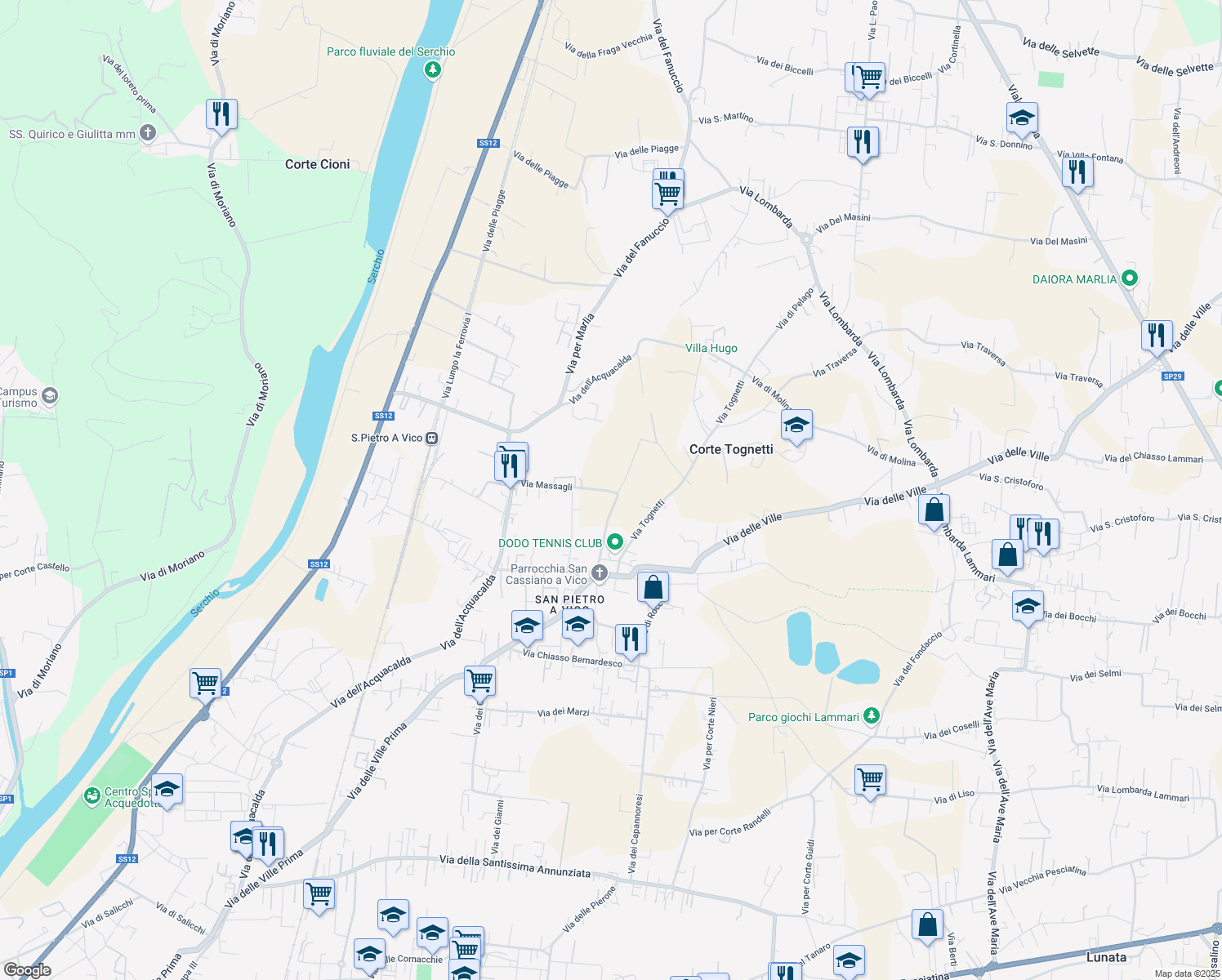 map of restaurants, bars, coffee shops, grocery stores, and more near 163 Via Villa Landi in Lucca