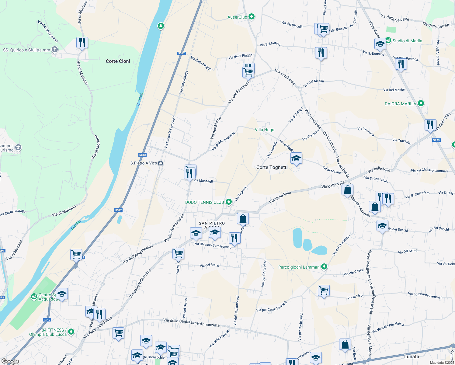 map of restaurants, bars, coffee shops, grocery stores, and more near 163 Via Villa Landi in Lucca