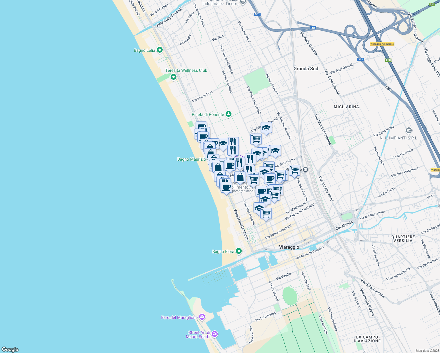 map of restaurants, bars, coffee shops, grocery stores, and more near Pista Ciclabile Fausto Coppi in Viareggio