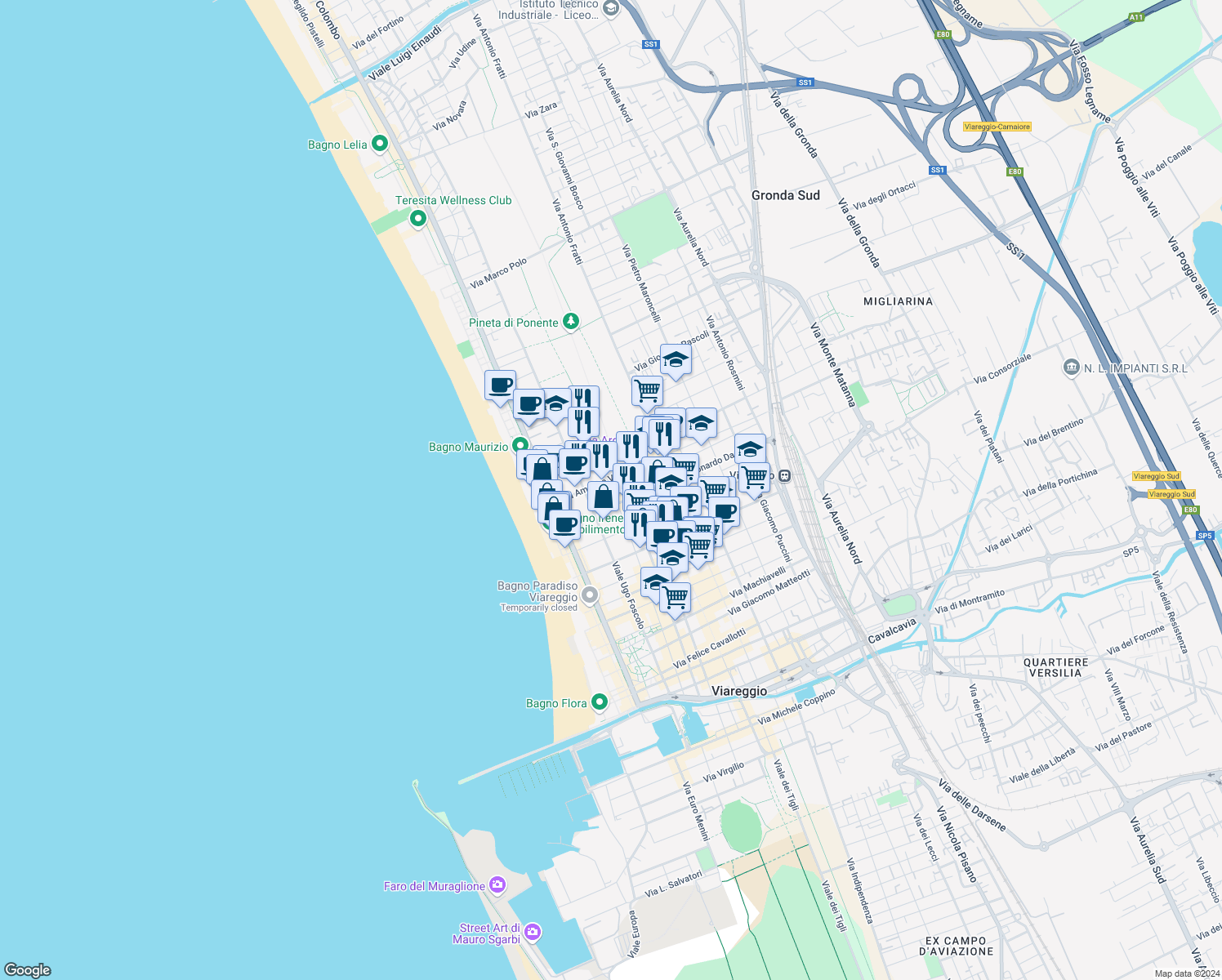 map of restaurants, bars, coffee shops, grocery stores, and more near 178 Via IV Novembre in Viareggio