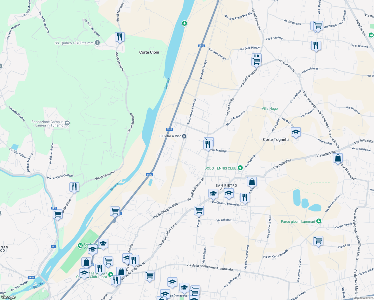 map of restaurants, bars, coffee shops, grocery stores, and more near 341 Via del Ponte in Lucca