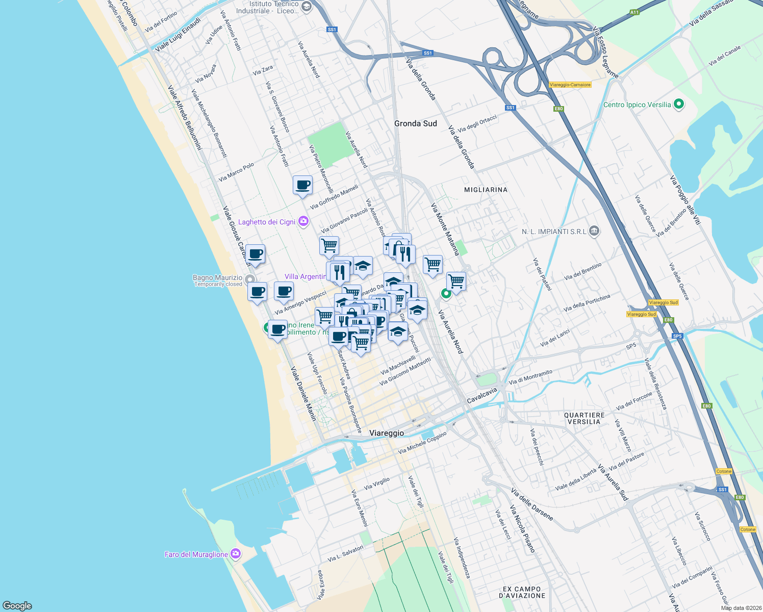 map of restaurants, bars, coffee shops, grocery stores, and more near 165 Via XX Settembre in Viareggio