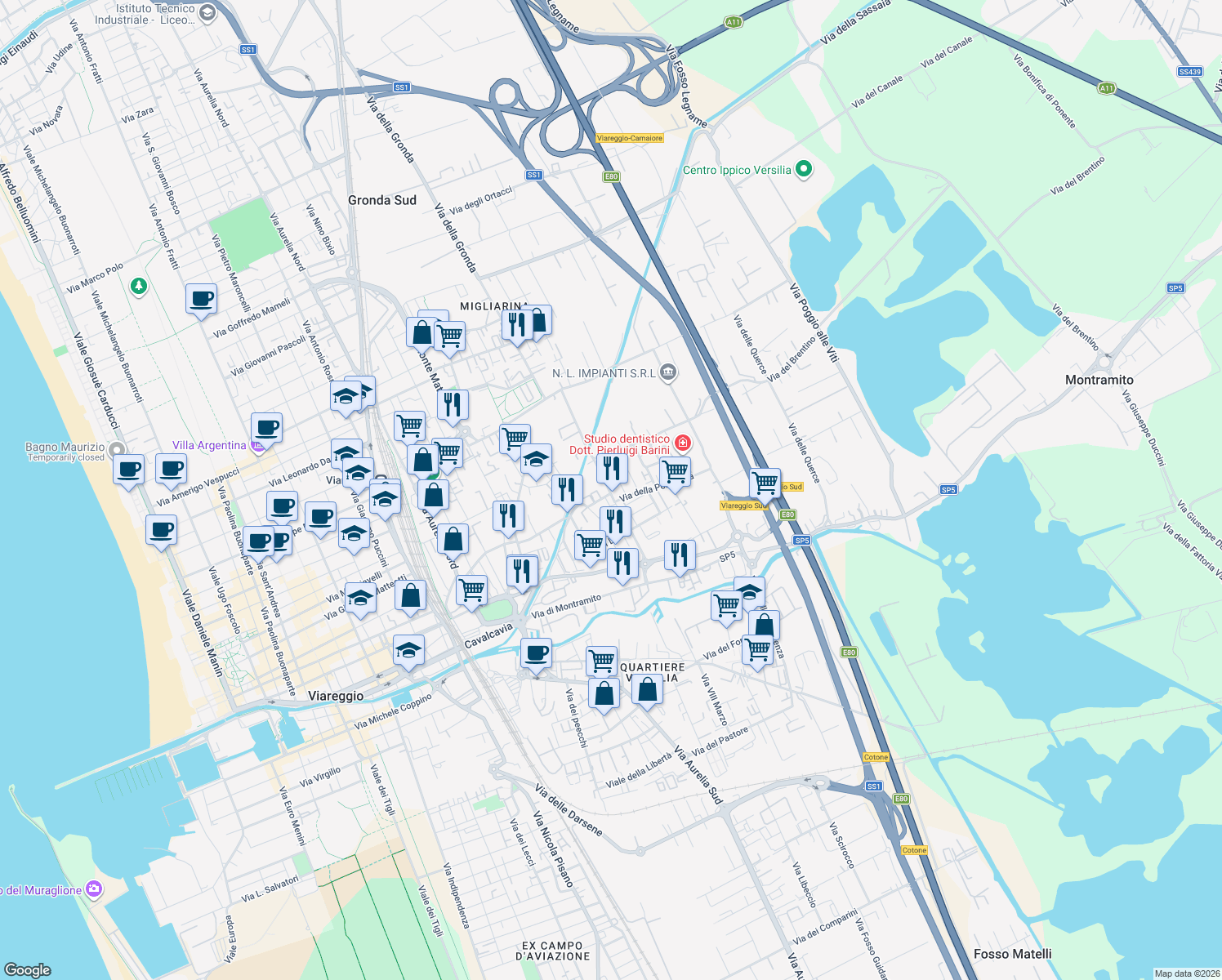 map of restaurants, bars, coffee shops, grocery stores, and more near 2 Via dei Platani in Viareggio