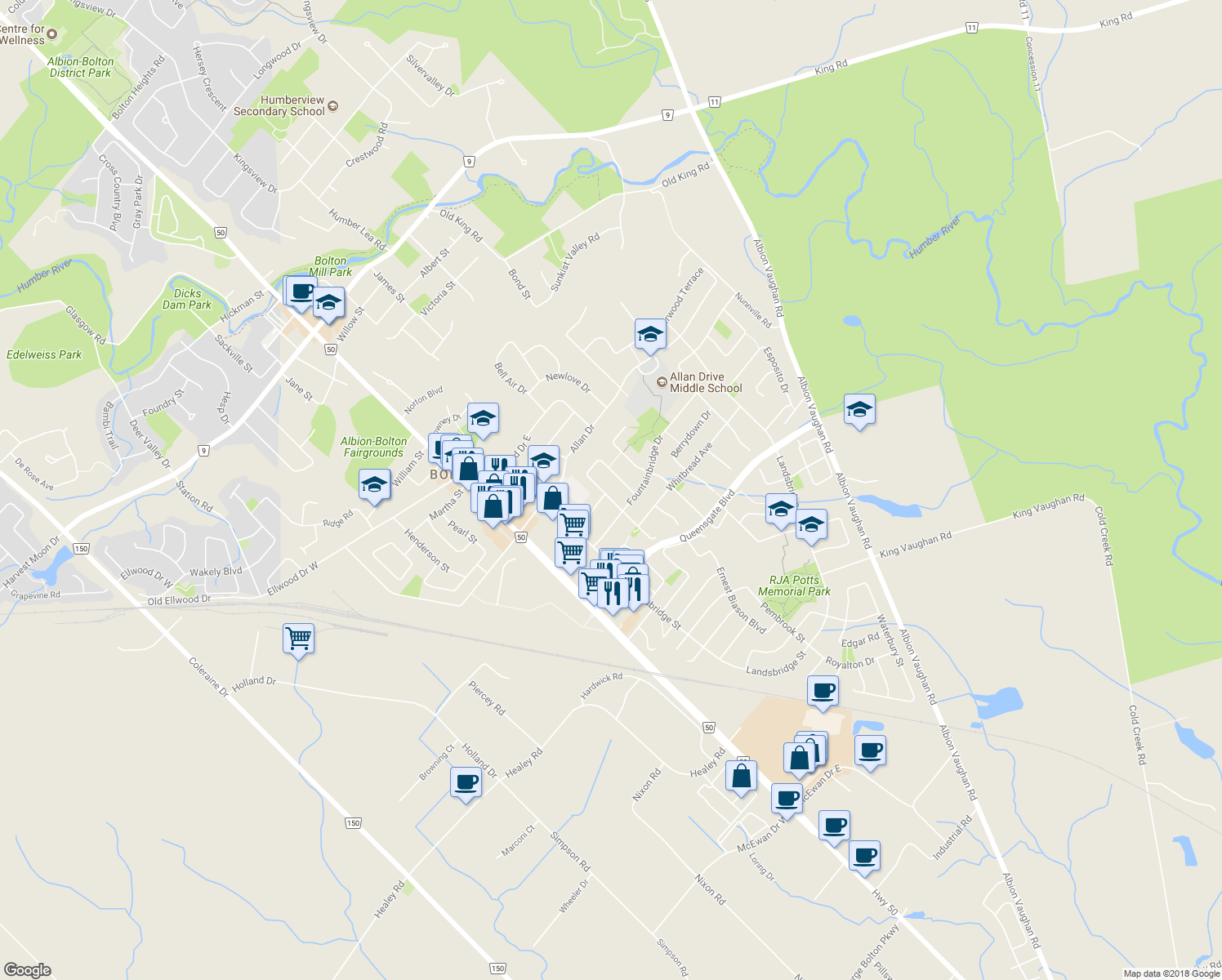 map of restaurants, bars, coffee shops, grocery stores, and more near 11 Royal Terrace Crescent in Caledon