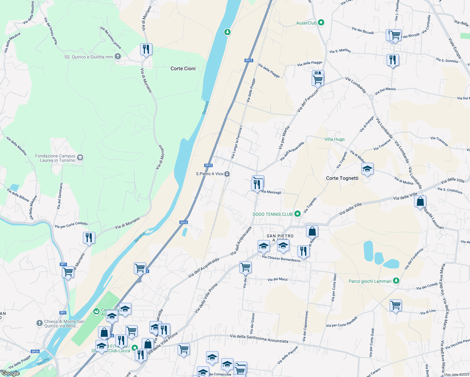 map of restaurants, bars, coffee shops, grocery stores, and more near 341 Via del Ponte in Lucca