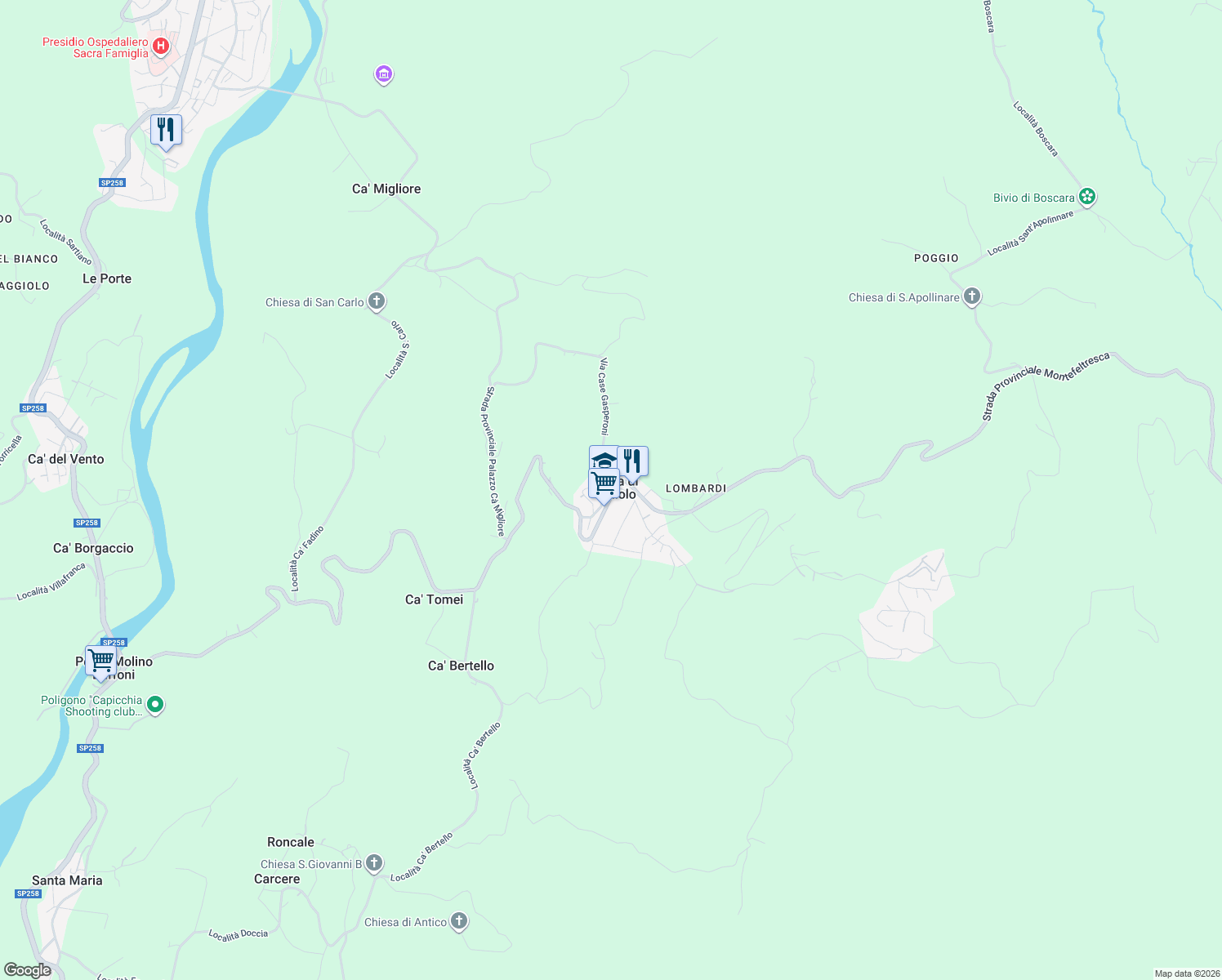 map of restaurants, bars, coffee shops, grocery stores, and more near 150 Strada Provinciale Montefeltresca in Serra di Maiolo