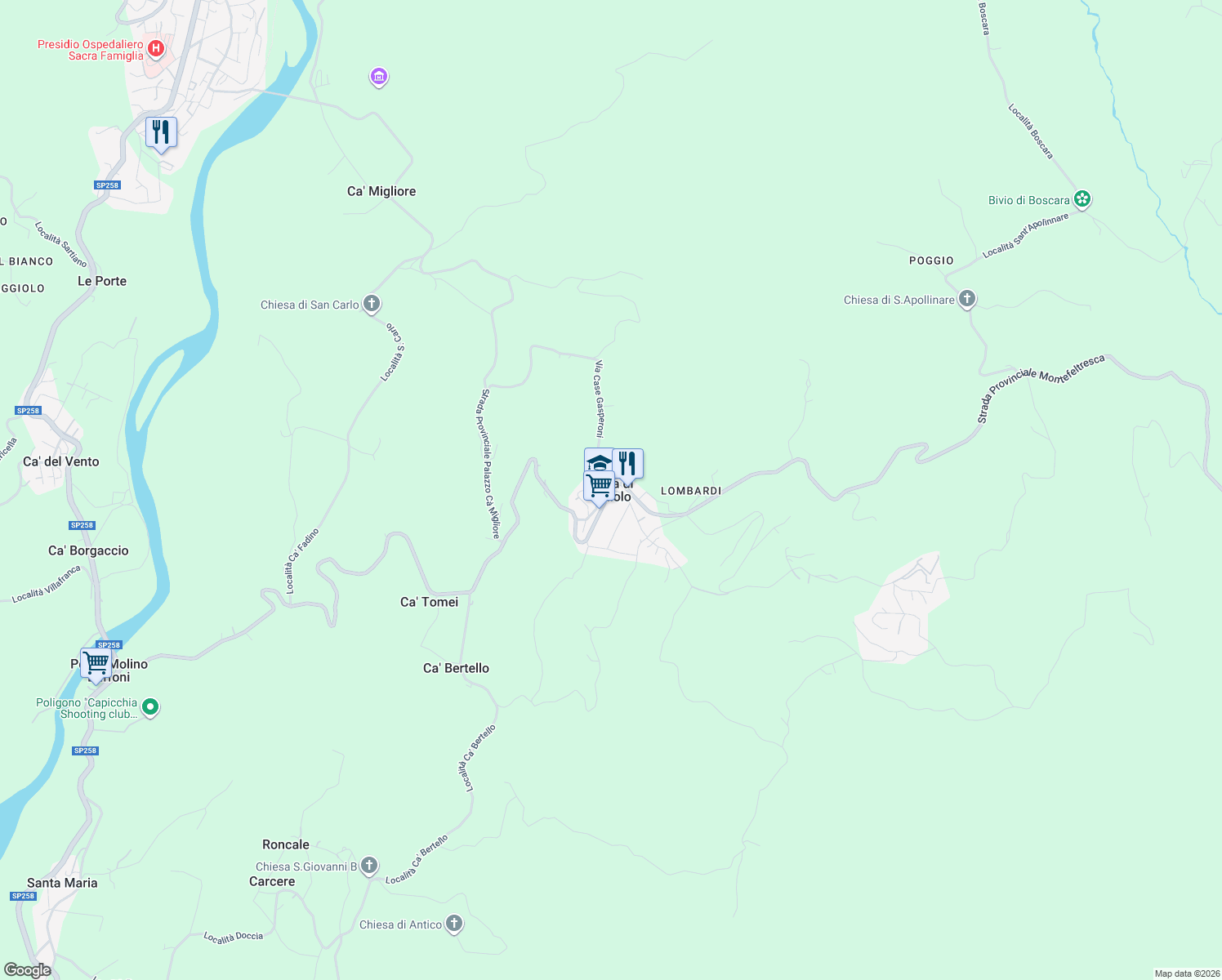 map of restaurants, bars, coffee shops, grocery stores, and more near 150 Strada Provinciale Montefeltresca in Ponte Molino Baffoni