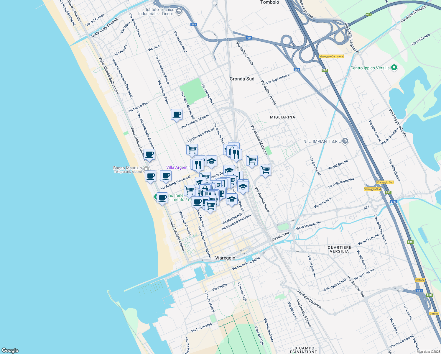 map of restaurants, bars, coffee shops, grocery stores, and more near 165 Via XX Settembre in Viareggio