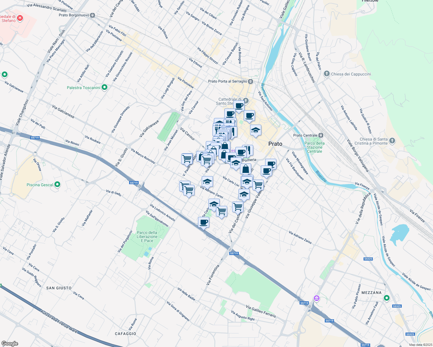 map of restaurants, bars, coffee shops, grocery stores, and more near 5 Via Alessandro Lazzerini in Prato