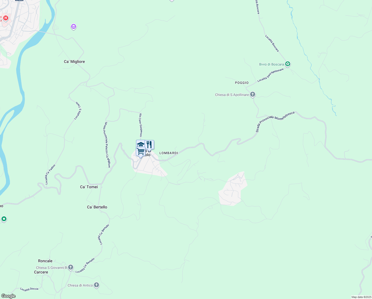 map of restaurants, bars, coffee shops, grocery stores, and more near 86 Via Ca' di Gallo in Provincia di Rimini